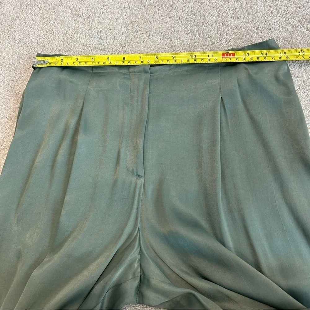 ZARA khaki green full length high waisted pleated wide leg satin effect pants M - Picture 9 of 13